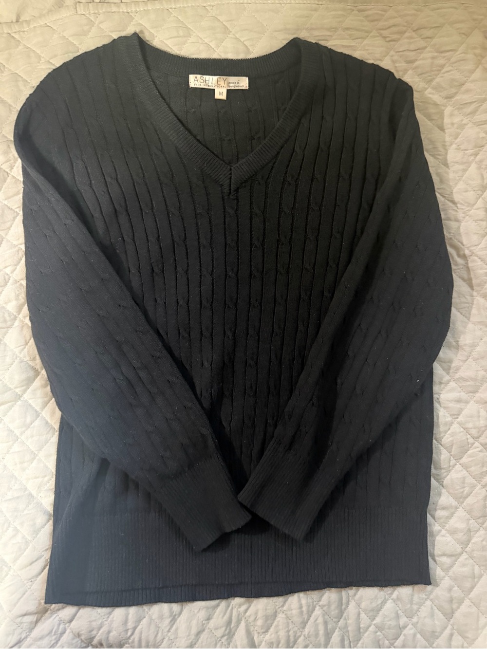 Black V-Neck Cable Knit Sweater